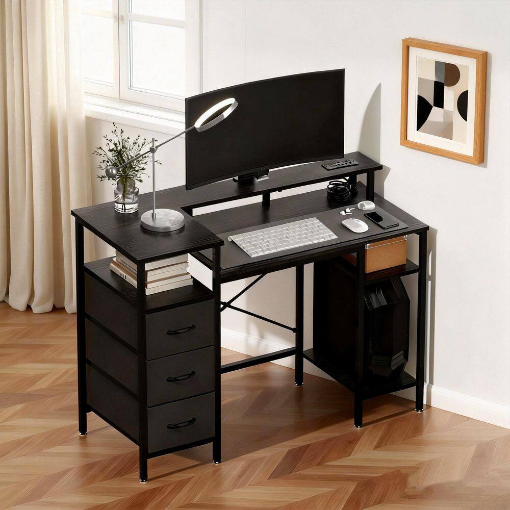 47.2 in Rectangle Computer Black Wood 3-Drawer Computer Desk with Storage, Shelv