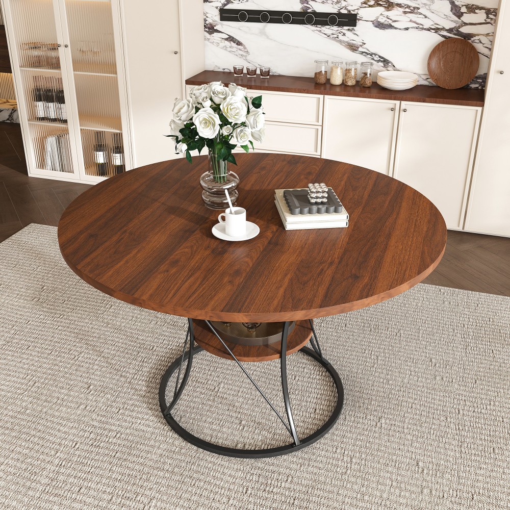 Round dining table, extendable, equipped with storage shelf and metal base