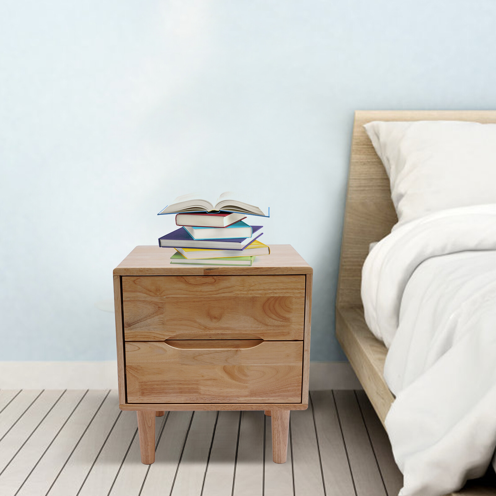 Nordic Style Solid Wood 2 Drawers Bedside Table Nightstand Home Decor