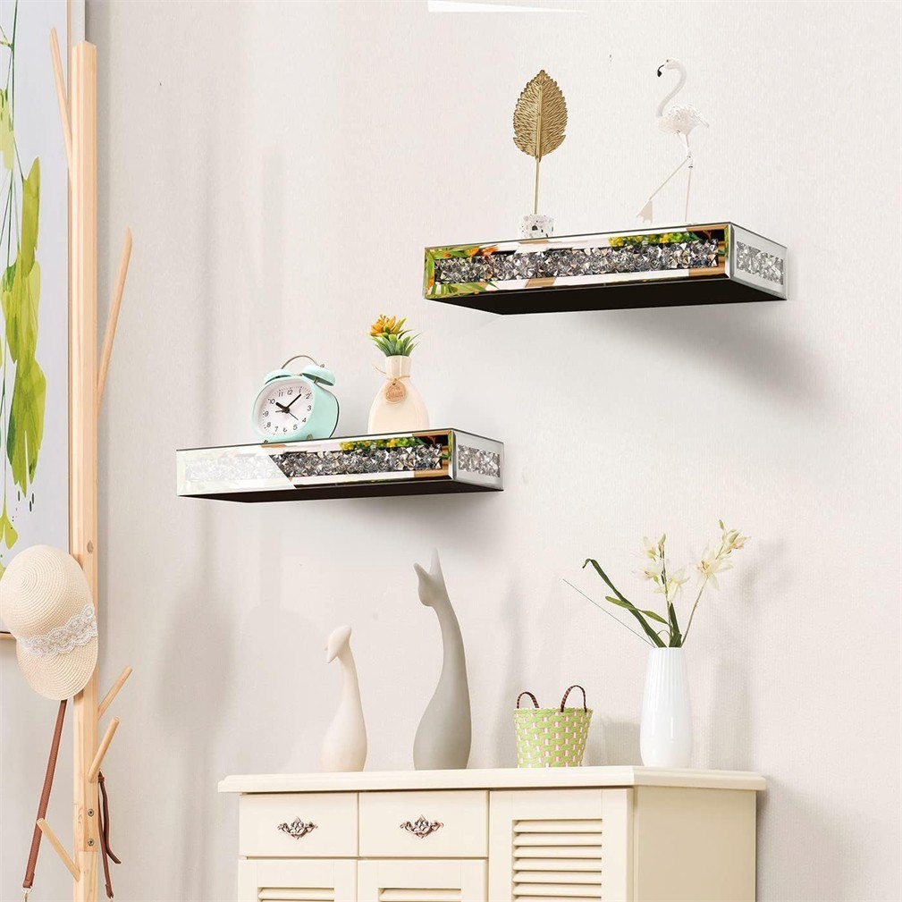 Mirrored Floating Shelves Glitter Crushed Diamond Wall Mounted Organizer Rack
