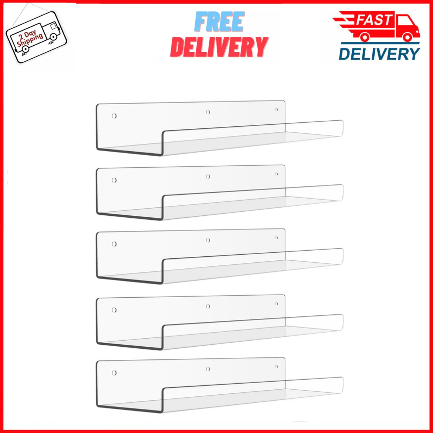 5-Pack 15-in Clear Acrylic Floating Shelves Wall Mounted Upsimples Book Display