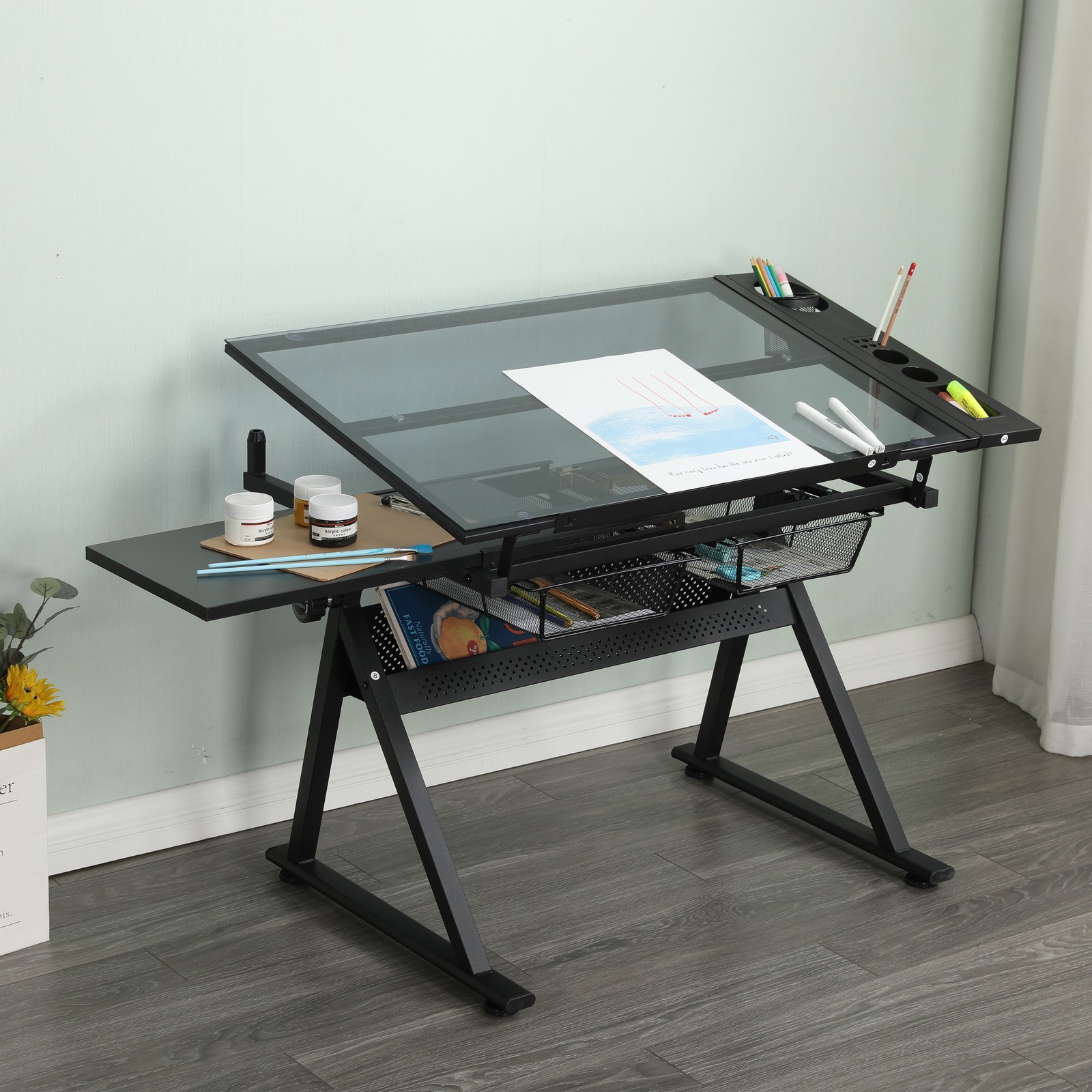 Black Adjustable Tempered Glass Drafting Table with Chair, Drawing Desk Set