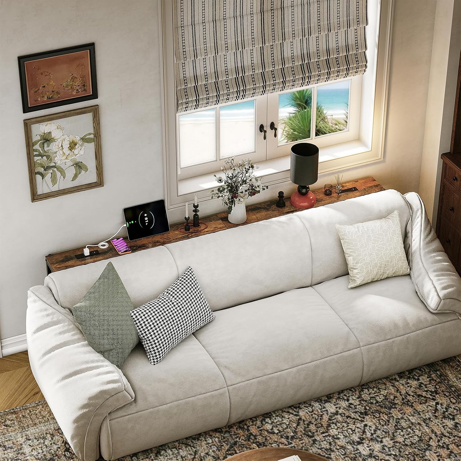 110.2″ Behind Couch Table Adjustable Height 23.8~34.8″ with 2 Charging Stations,