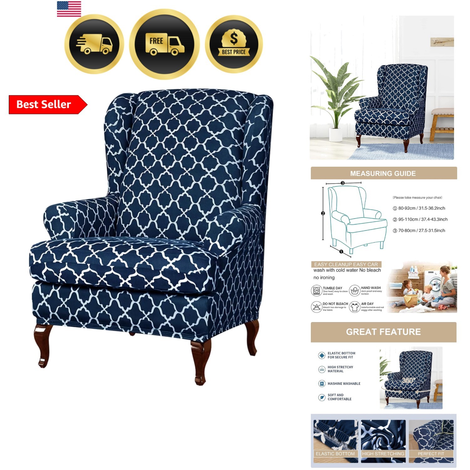 Wingback Chair Slipcover 2 Piece Wingback Chair Cover Spandex Wing Chair Slip…
