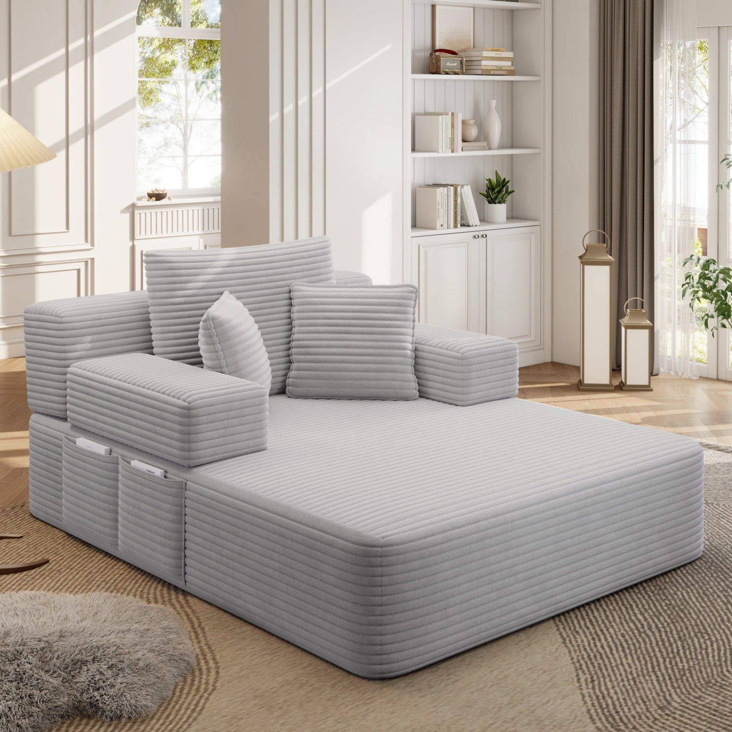 Modern Plush Corduroy Sofa Bed Chaise Lounge No Assembly Required for Apartment