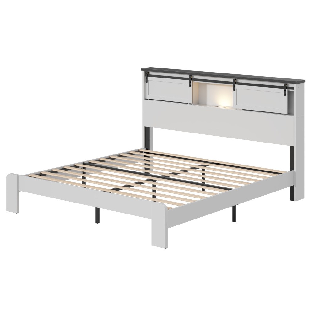 King size bed, metal bed frame with charging station, no need for box spring