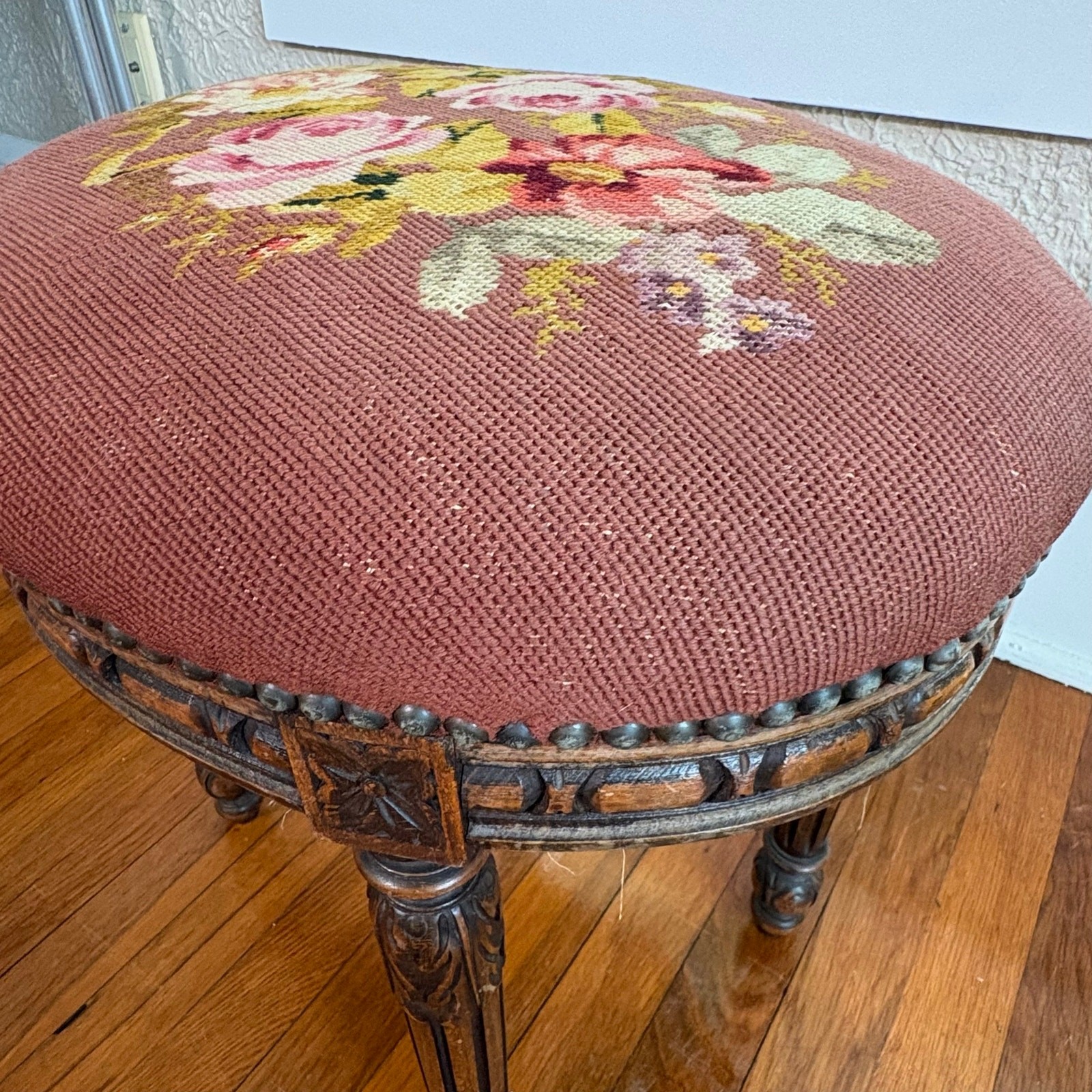 Vintage Louis XVI Style Needlepoint Footstool with Carved Wood Frame