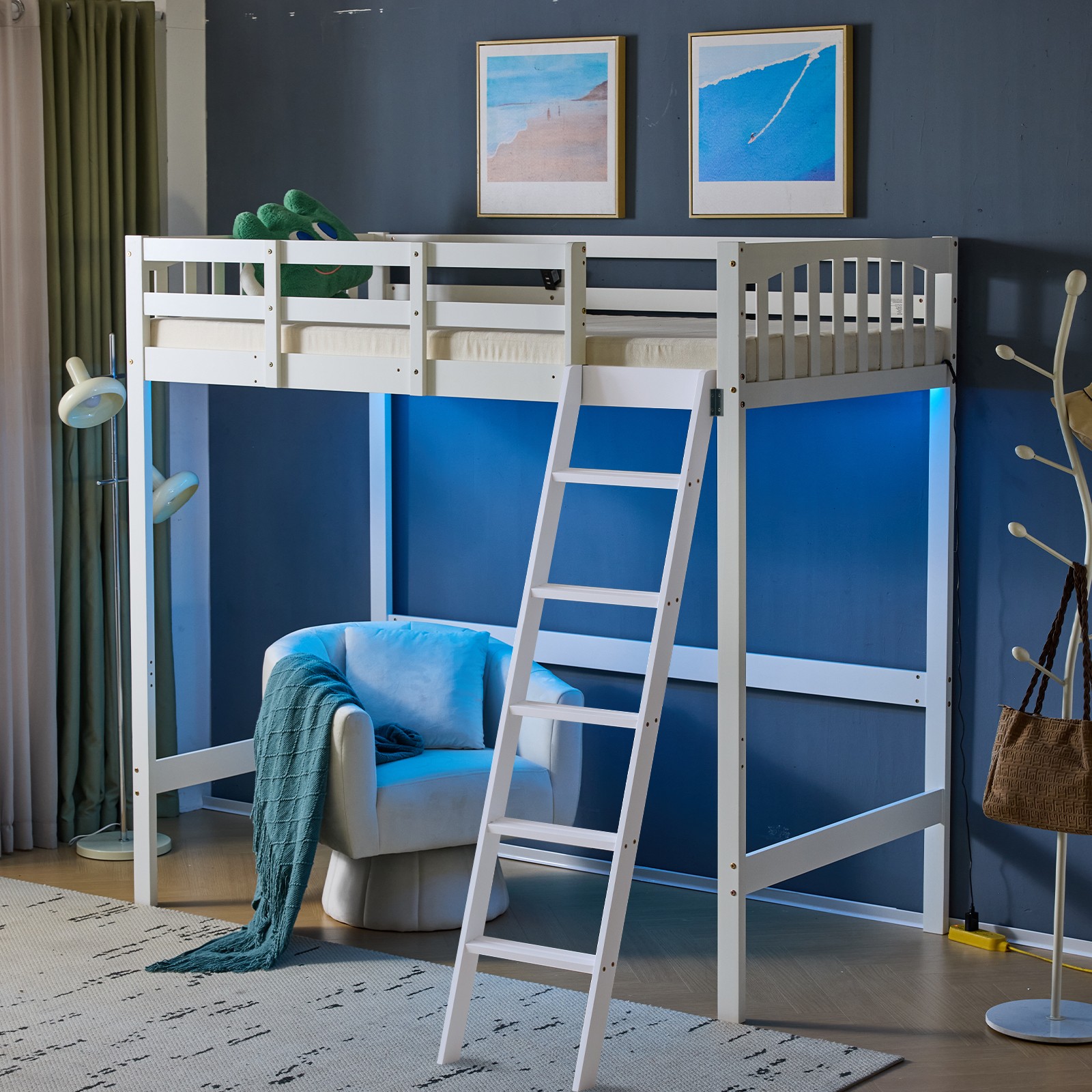 Solid Wood Loft Bed Frame w/Safety Guardrails & Ladder for Kids/Teens/Adults