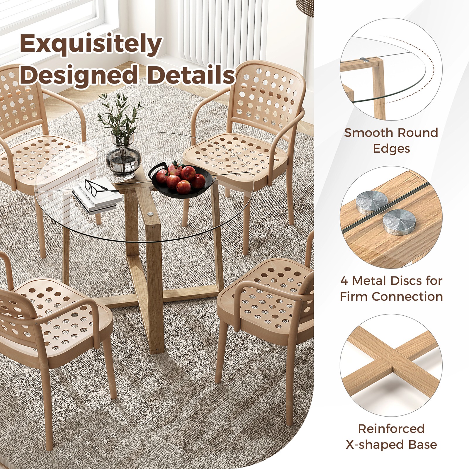 42″ Round Glass Dining Table w/ 0.3″ Tempered Glass Tabletop