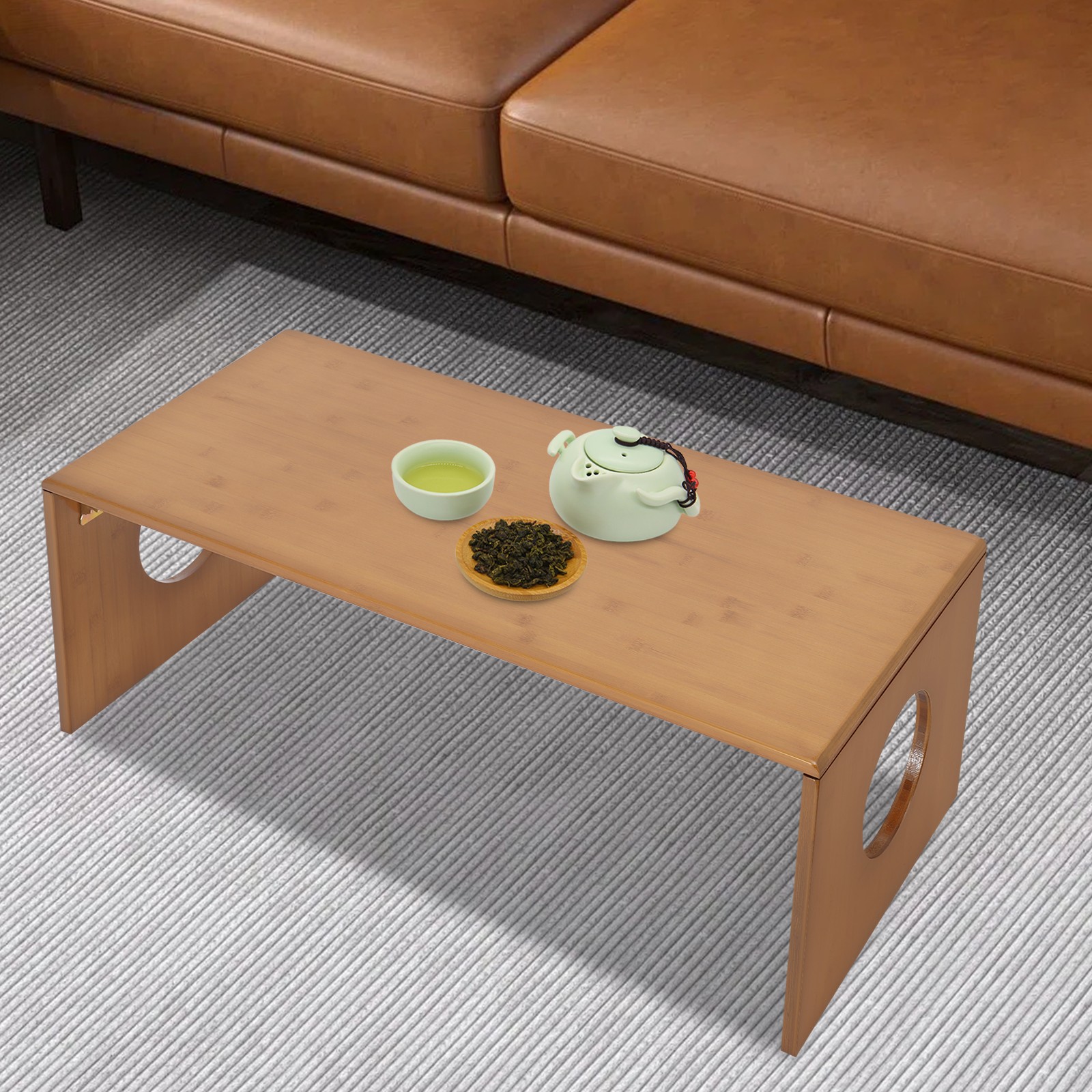Brown Folding Floor Coffee Table, Foldable Low Portable Coffee Table for Sitting