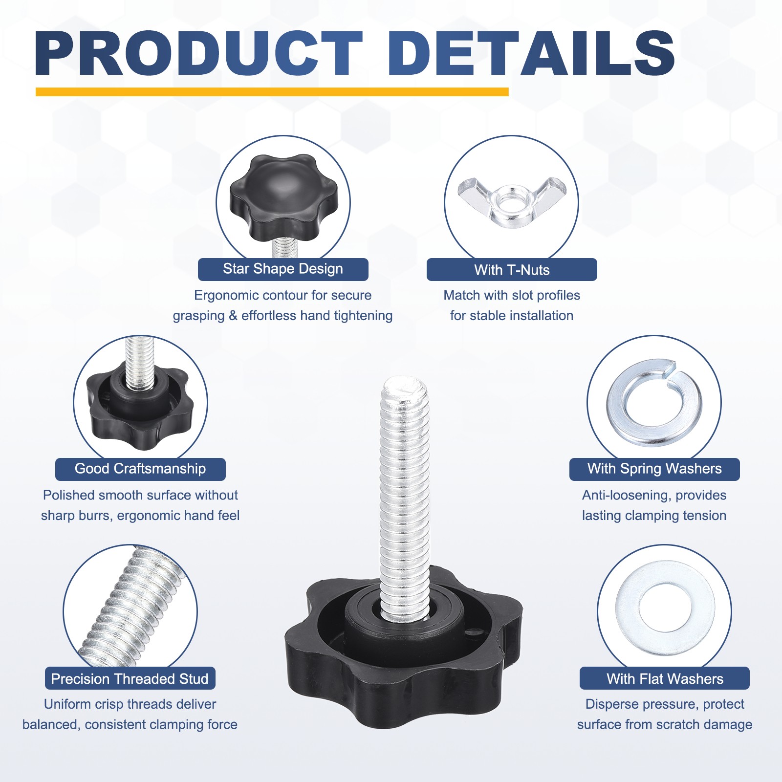 10Pcs 1/4″-20 Star Knobs 1.3″ Head 1.2″ Stud Thread Knob W/ T-Nuts & Washers Kit