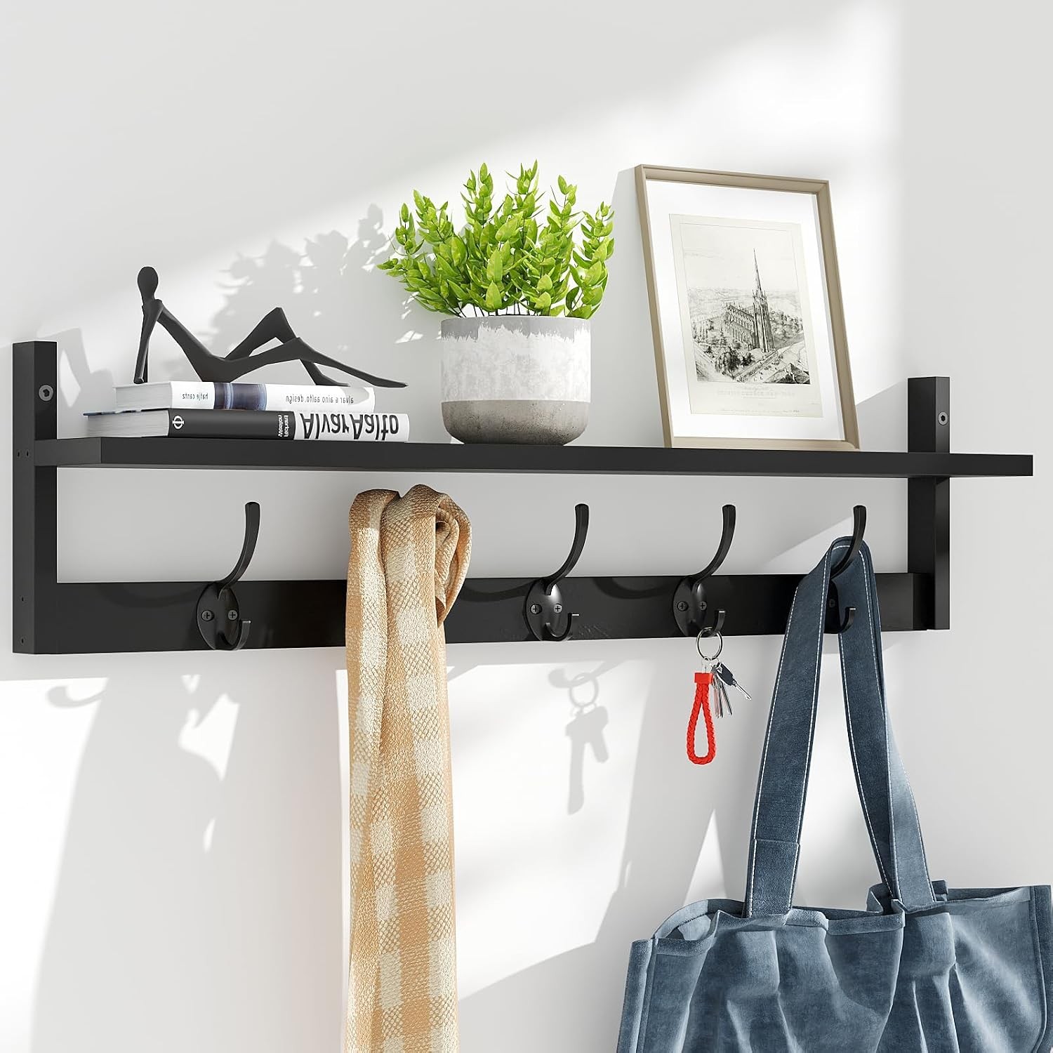 Wall-Mounted Shelf W/ Hooks 28.9 Inch Entryway Hanging Shelf W/ 5 Dual Hooks
