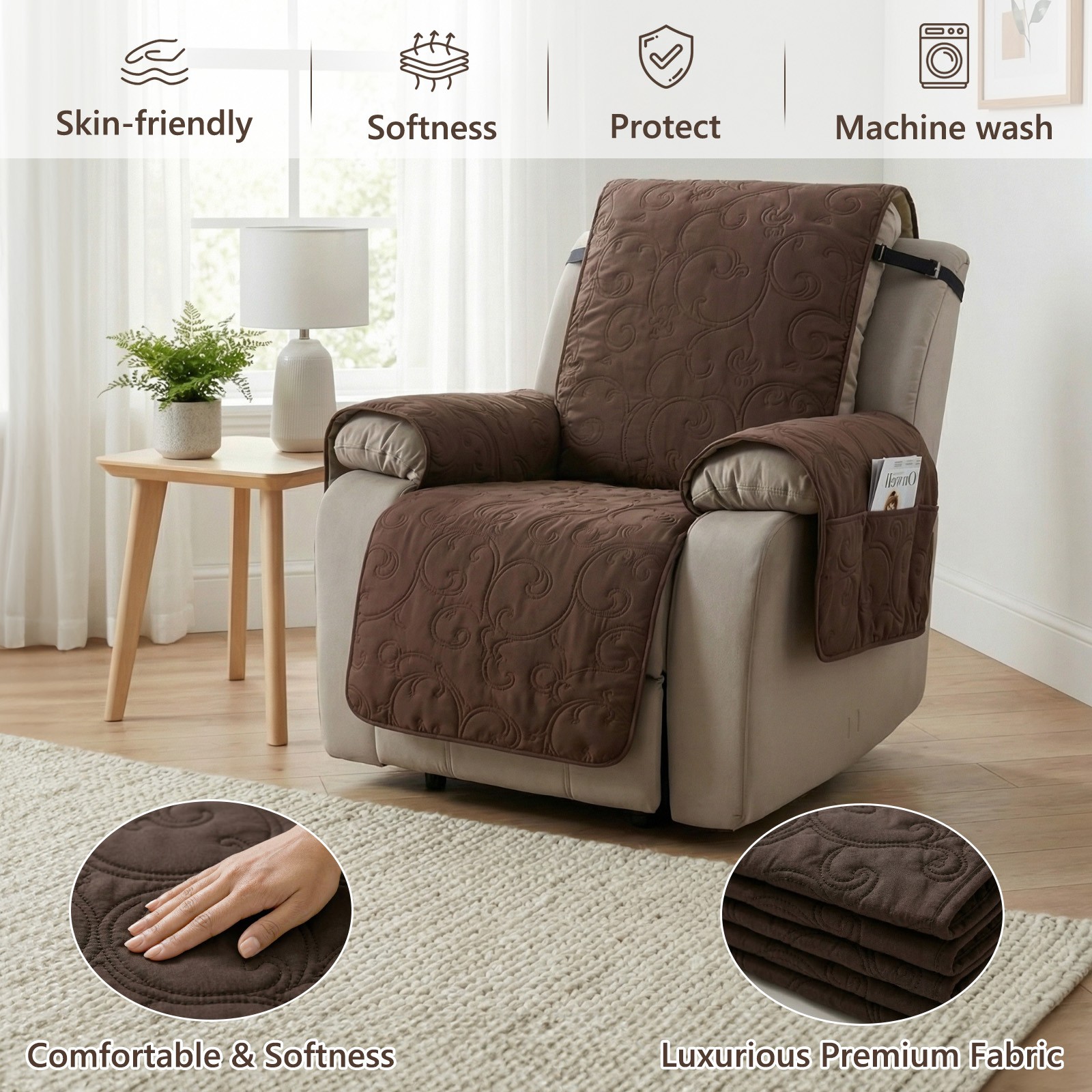 100% Waterproof Quilted Recliner Chair Cover Pad Non-Slip Protector w/ 6 Pockets