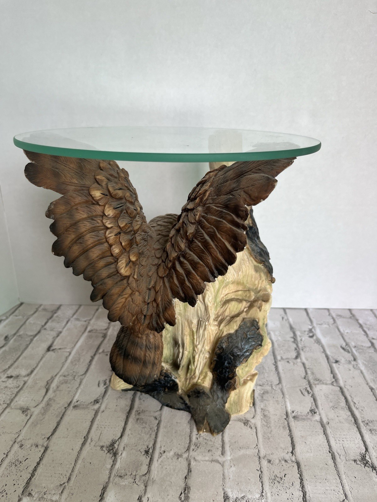 Vintage Resin Owl & Fledglings End Side Table Clear Round Glass Top Nature Decor