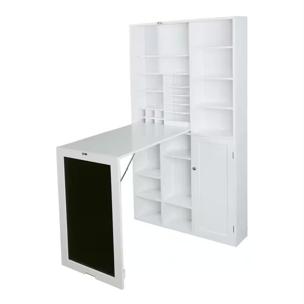 31 In. Rectangular White Floating Desk with Built-In Storage
