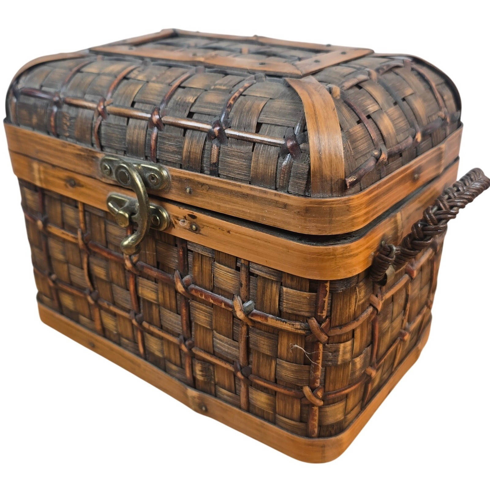 Wooden Wicker Chest Trunk Box Container Sturdy Latching Cover Handles 9x7x6