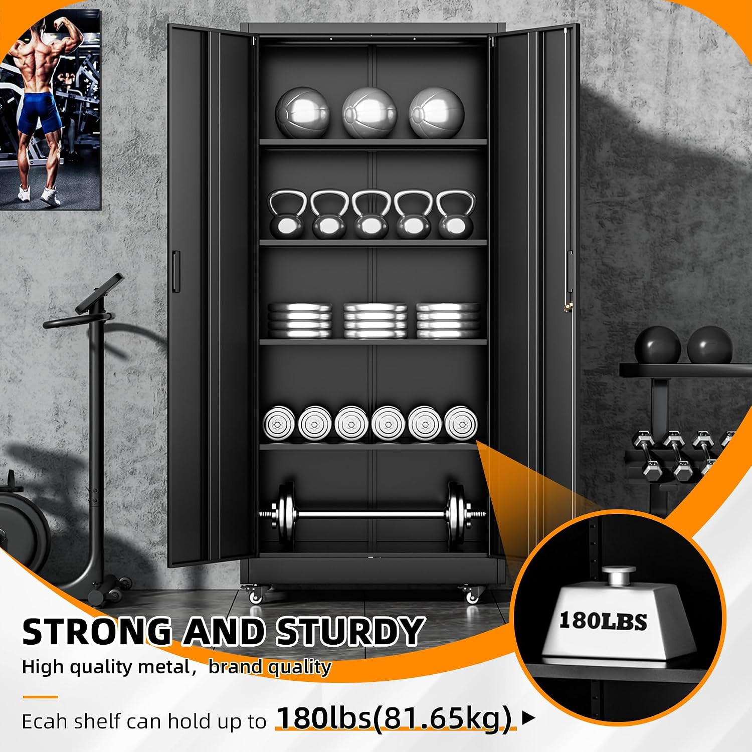 Garage Cabinets with Wheels, 73″ H Metal Locking Cabinet with 2 Doors and 4 Shel