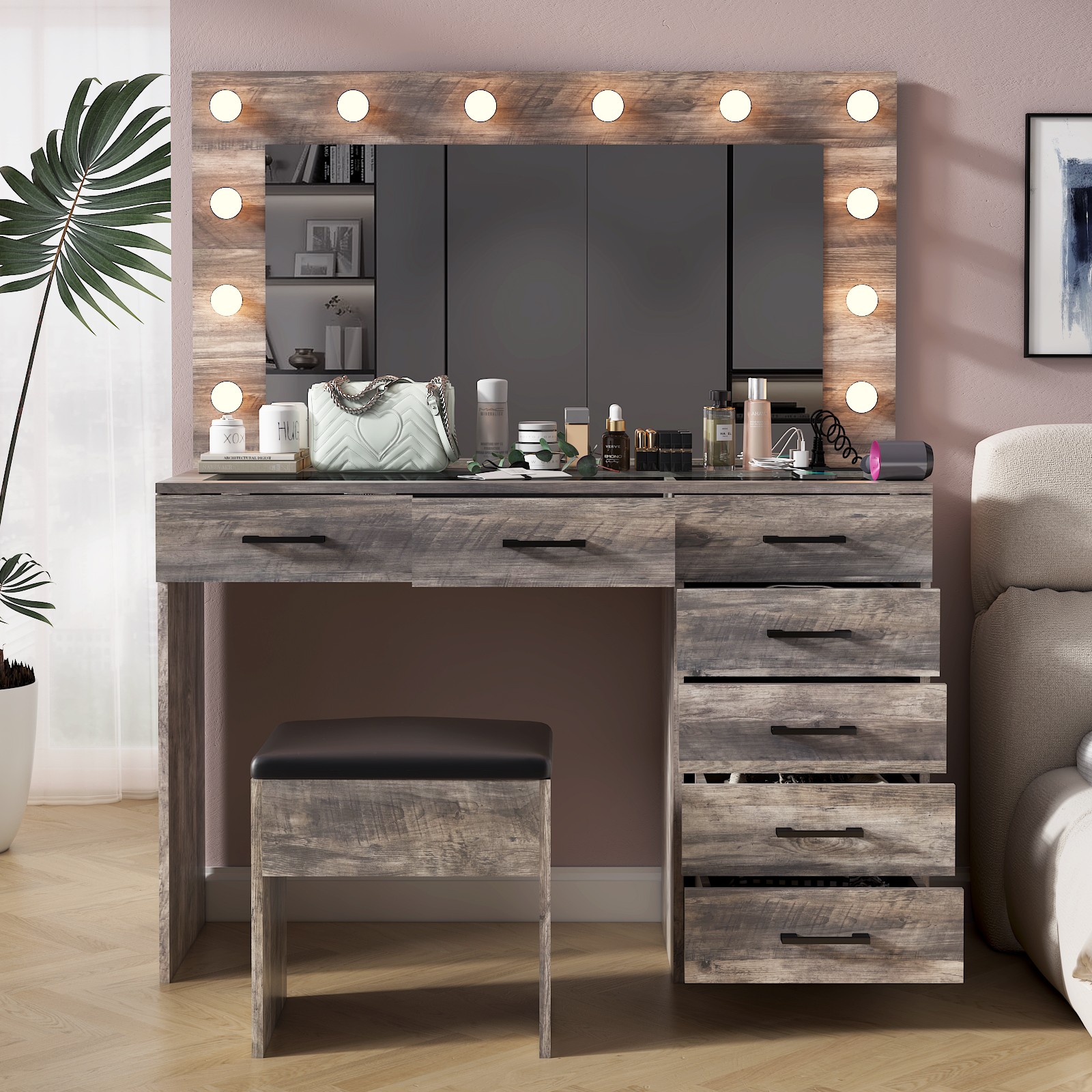 Large Vanity Set Makeup Desk Dressing Dresser Table 7 Drawer with 12 LED Lights