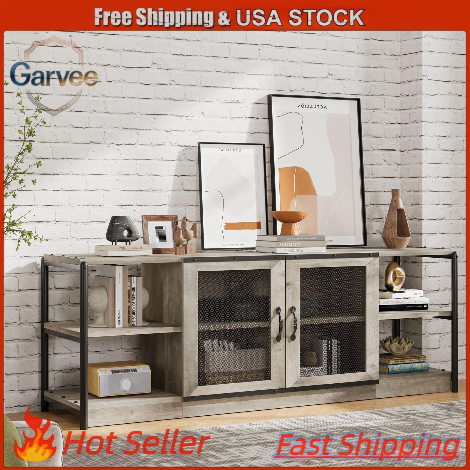 Industrial Rustic TV Stand 75/80 Inch with Double Mesh Doors Storage Cabinet