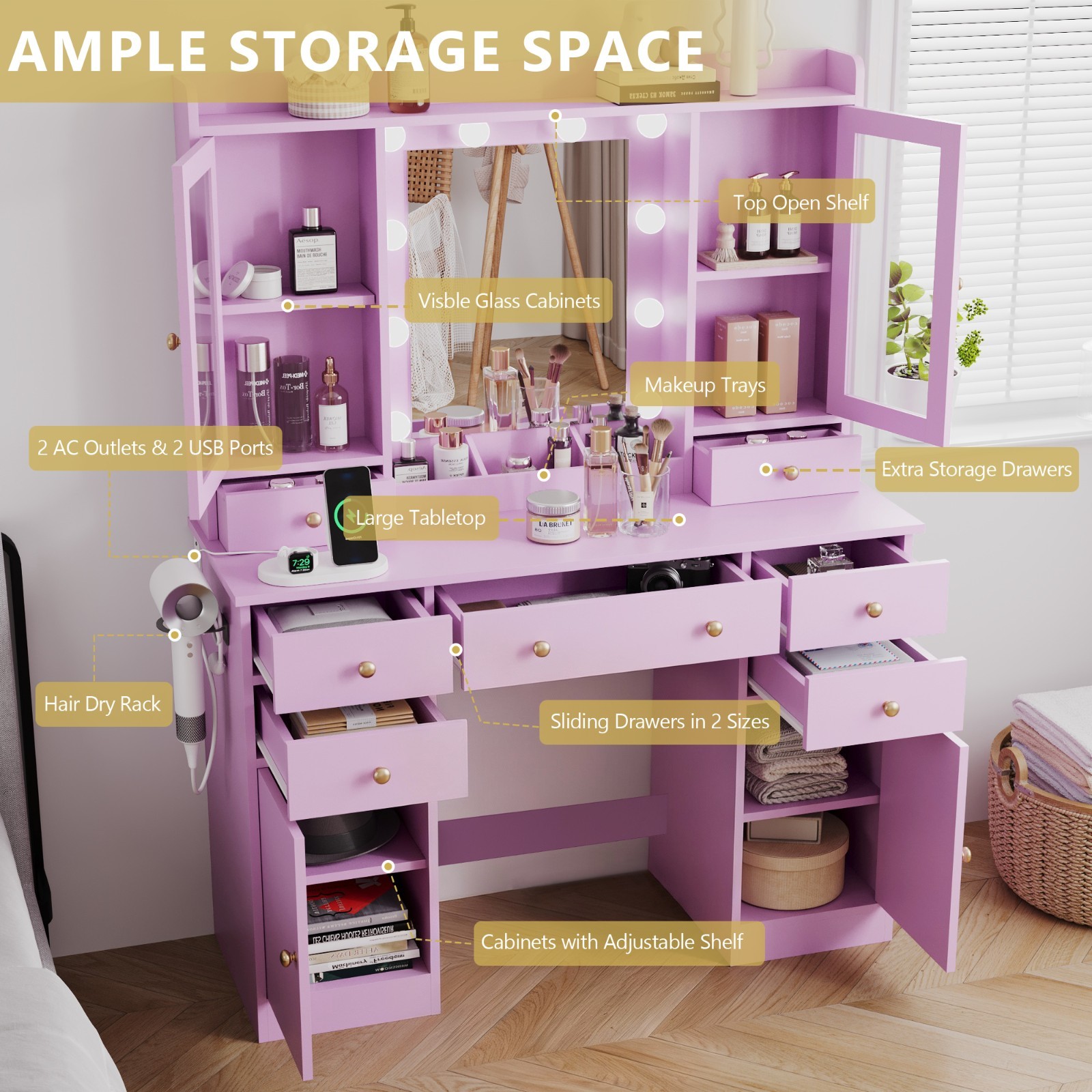 Vanity Desk with Lighted Mirror & Power Outlet, Dressing Table Makeup Bedroom