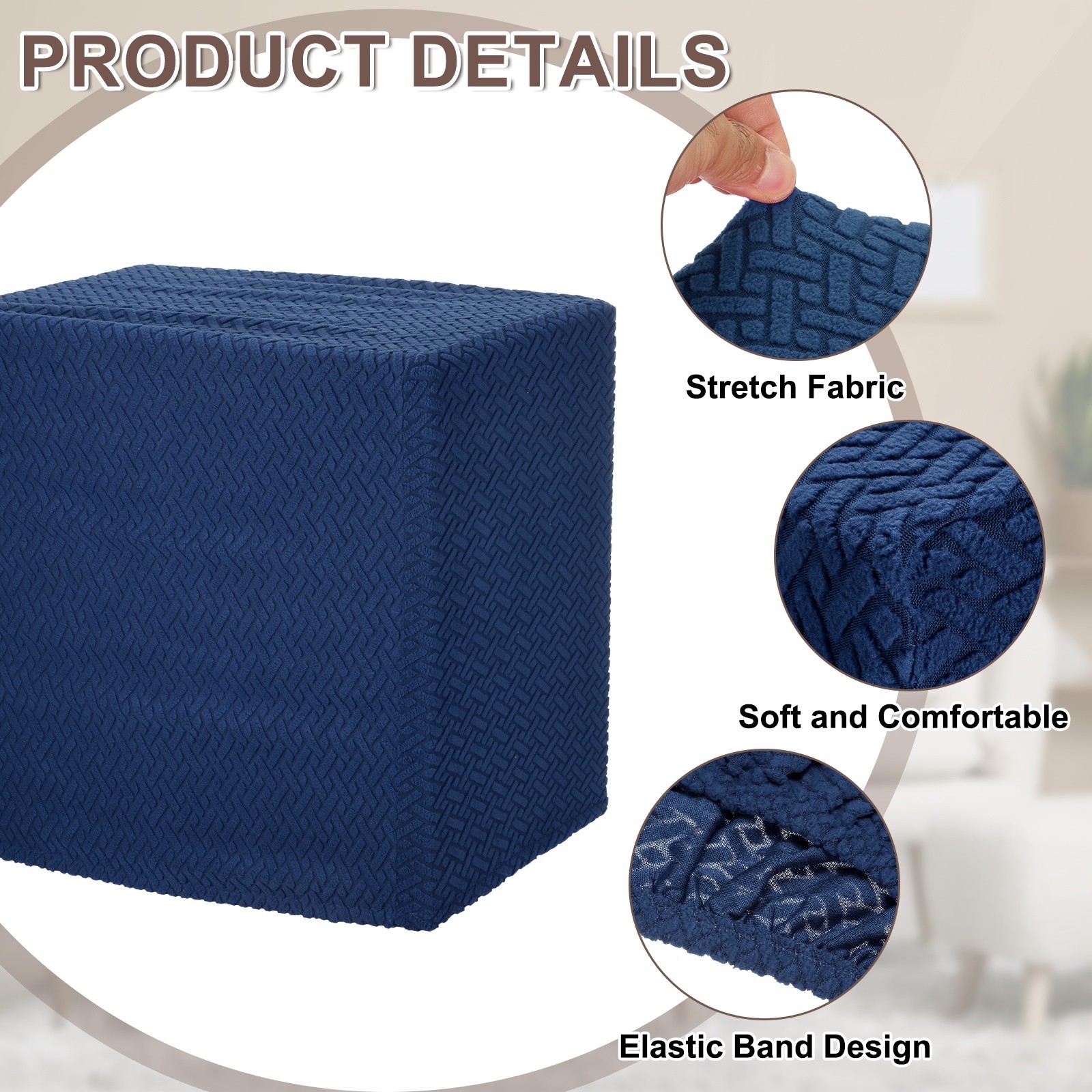 Knitted Jacquard Polyester Square Footstool Cover Fit 13″-18″, Navy Blue