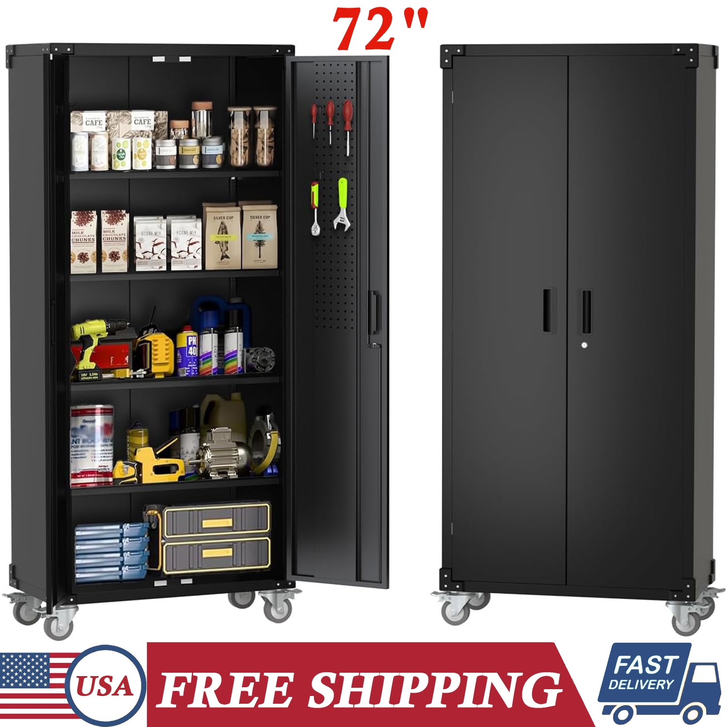 72″ Storage Cabinet Lockable Tool Cabinet w/ Wheels Pegboard Adjustable Shelves