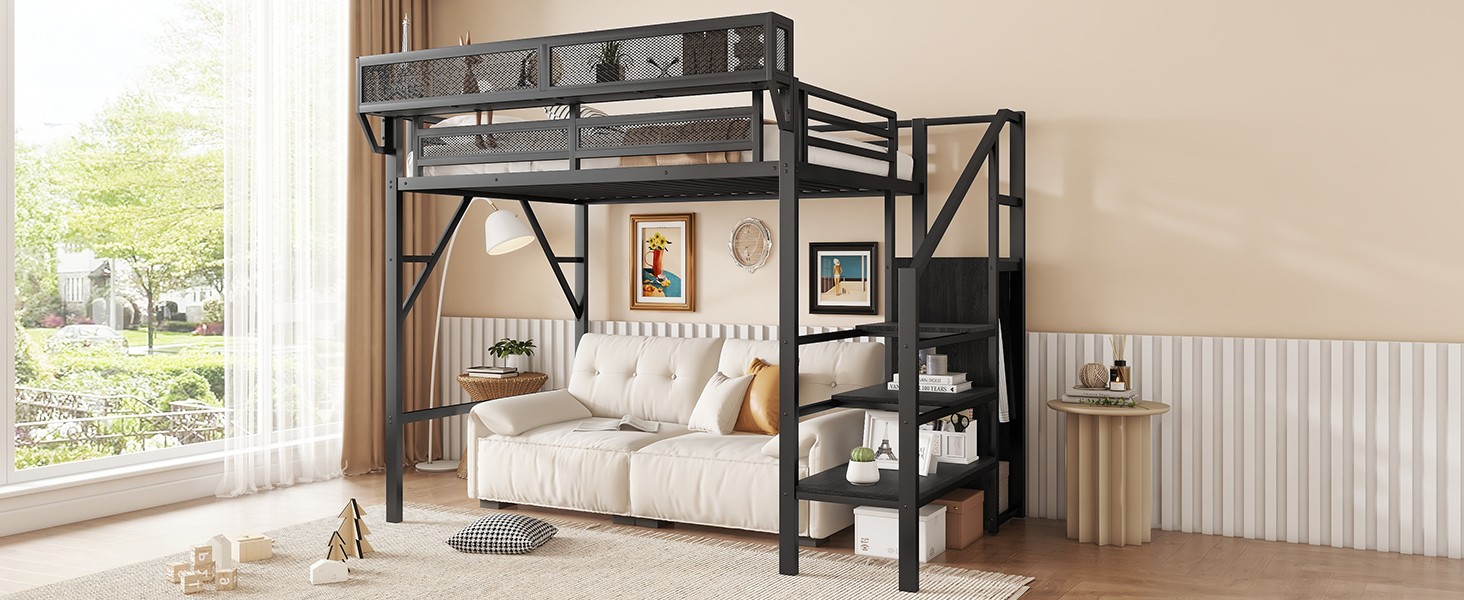 Twin Size Loft Bed with Stairs & Wardrobe, Metal Frame, Black