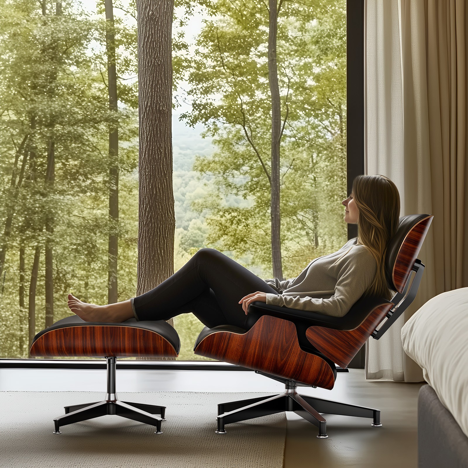Mid Century Tall Eames Chaise Lounge Chair With Ottoman Footstool Set Rosewood