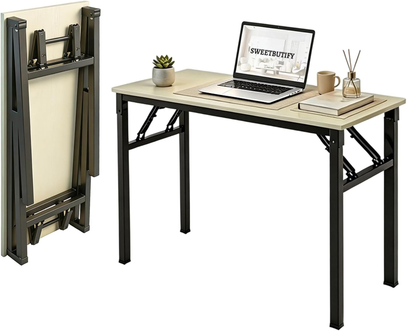 Folding Desk, 39 Inch Foldable Computer Table No Assembly Required | Warm White