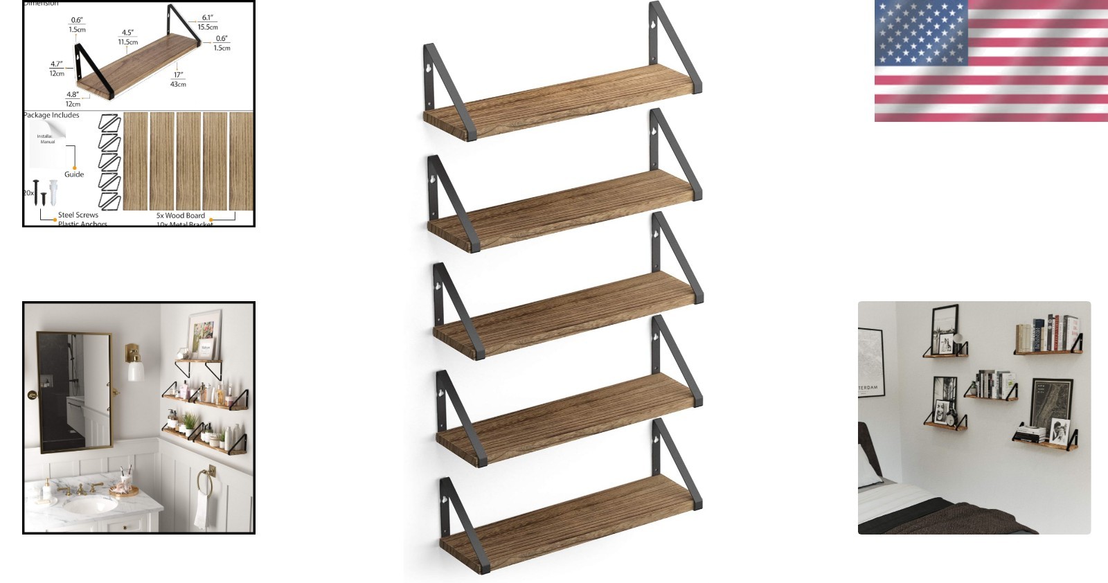 Ponza Rustic 5-Pack Floating Wall Shelves – Stylish 17×4.5 Inch Storage Solution