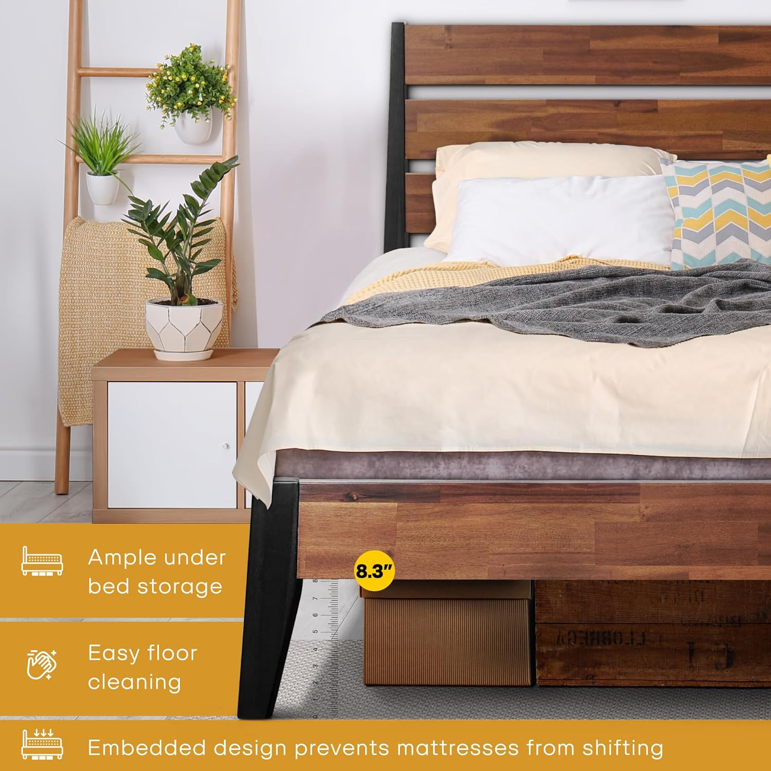 Solid Wood Queen Bed Frame with Headboard, Easy Assembly, Noise-Free