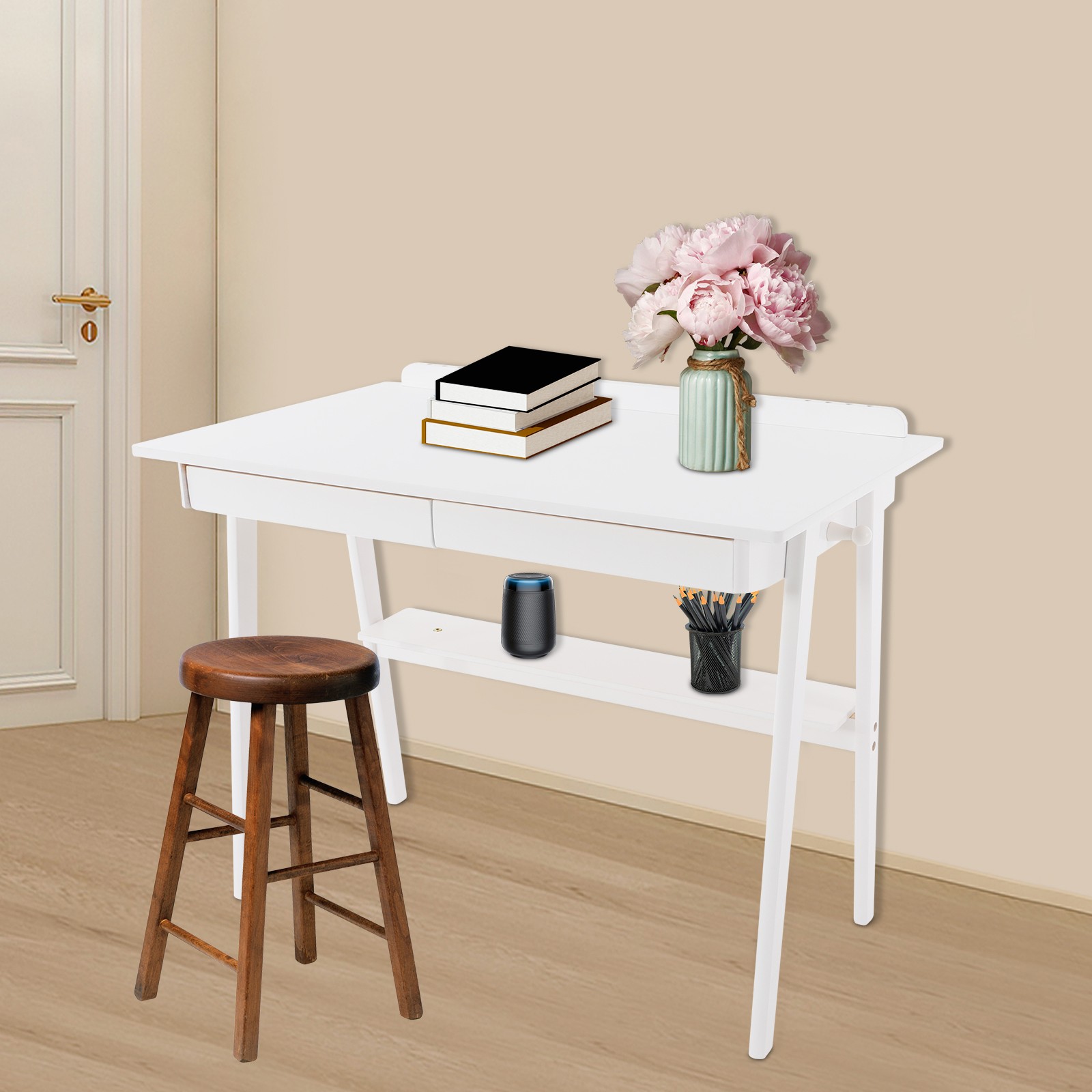 Desk with 2 Drawers Solid Wood Writing Computer Table 39x23x29.5″