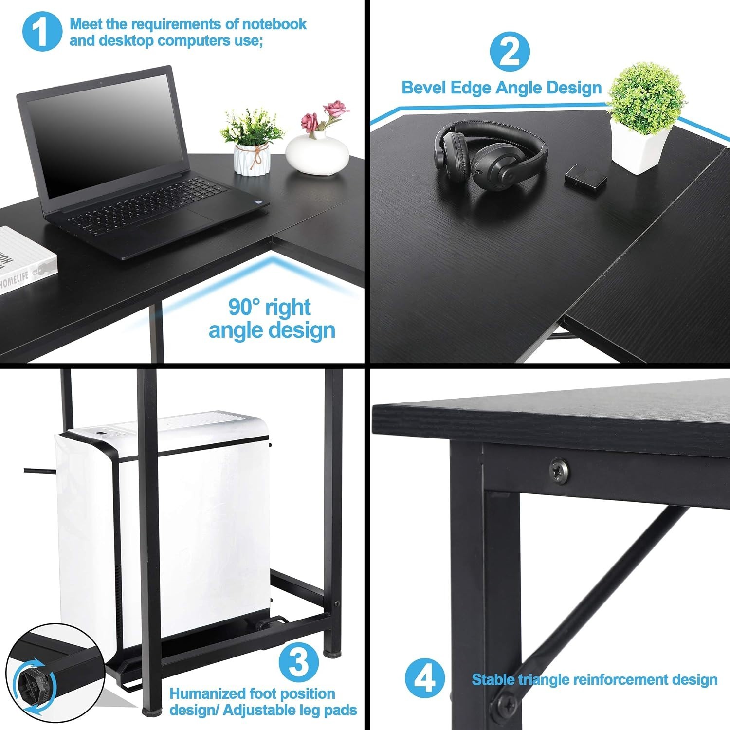 Modern L-Shaped Home Office Gaming Desk PC Table Writing Desk with CPU Stand Stu