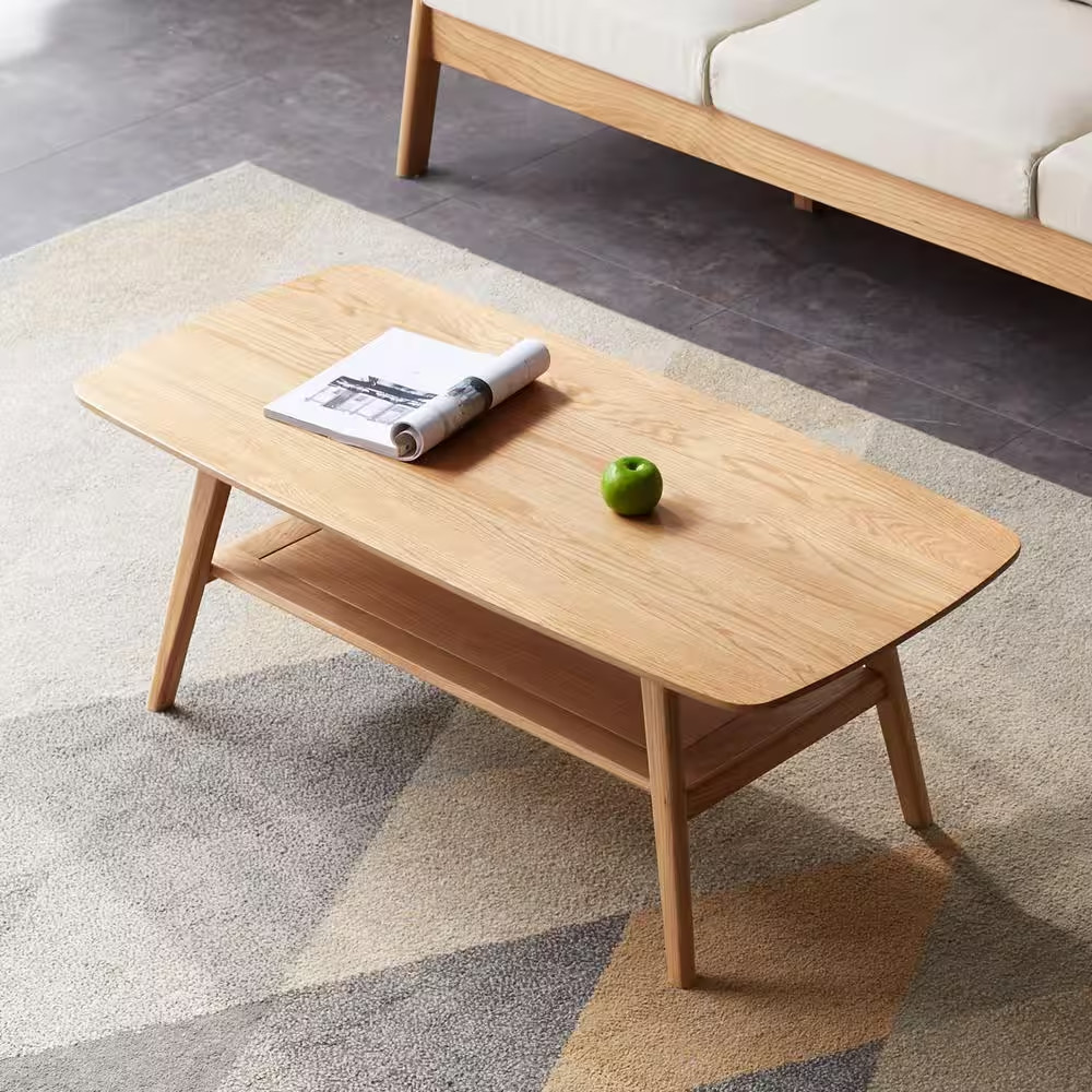 39.37 In. Natural Oak Rectangle 100% Solid Wood Low Coffee Table with Storage Sh
