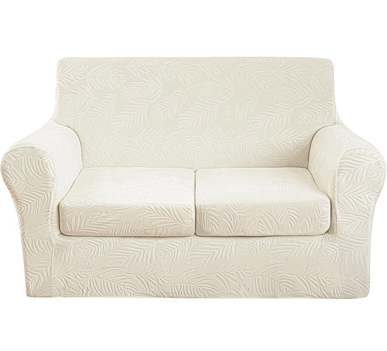 Velvet Stretch Loveseat Sofa Cover Ivory Embossed Leaf 3 Piece 2 Cushion