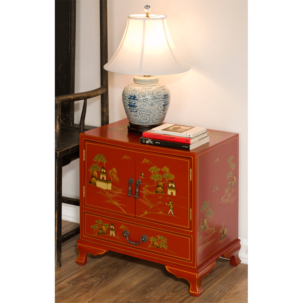 US Seller – Chinoiserie Scenery Motif Oriental Accent Cabinet