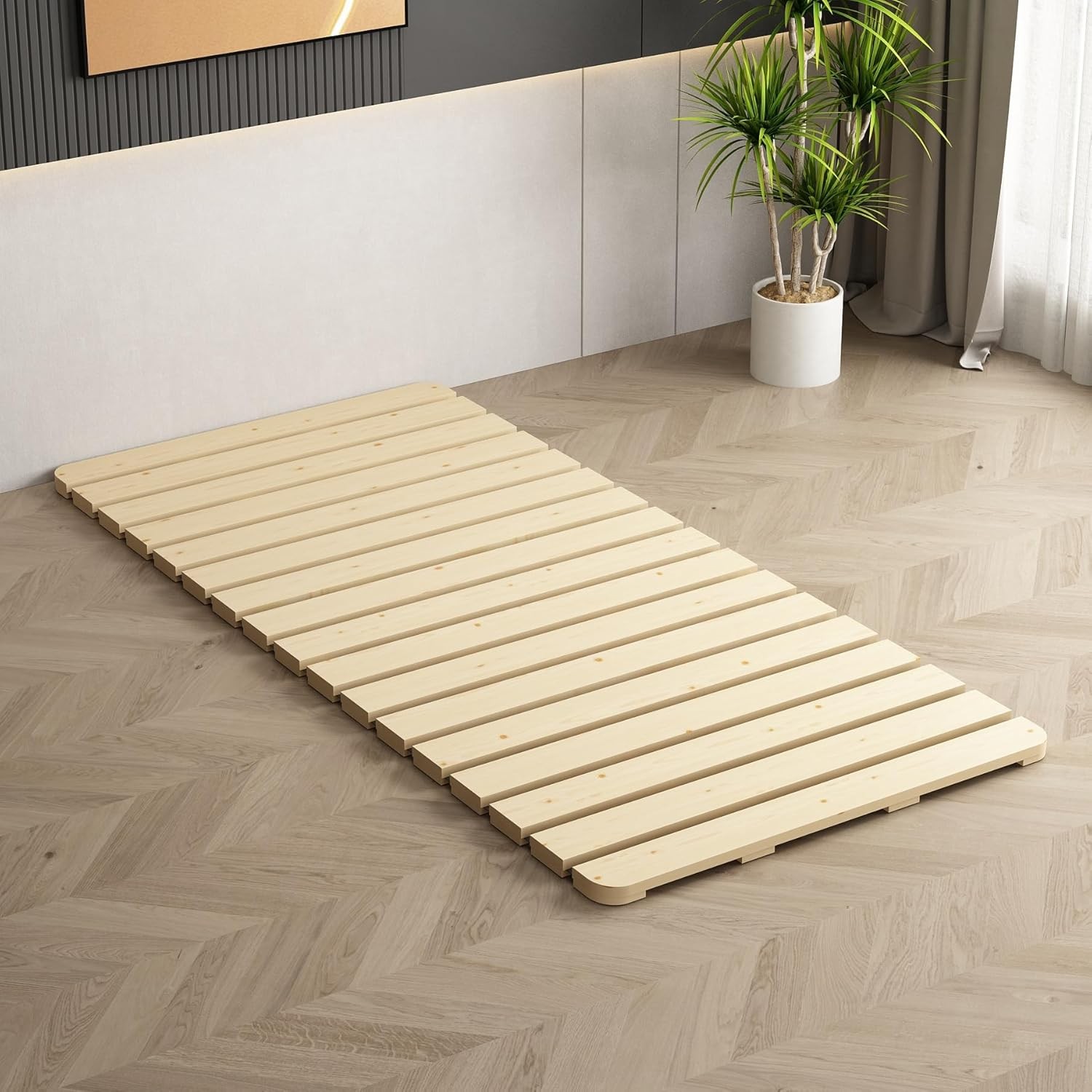 Foldable Floor Bed Frame, Breathable Wooden Roll-Up Slats Base for Japanese