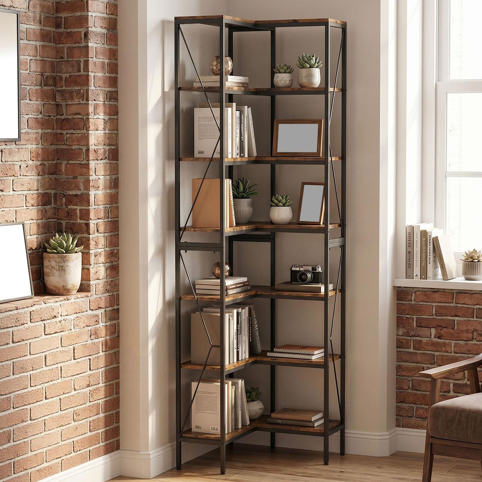 Transform Empty Corners! 7-Tier L-Shaped Bookshelf Industrial Rack For