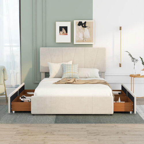 Full/Queen Size Platform Bed Frames with 4 Storage Drawer Upholstery Storage Bed