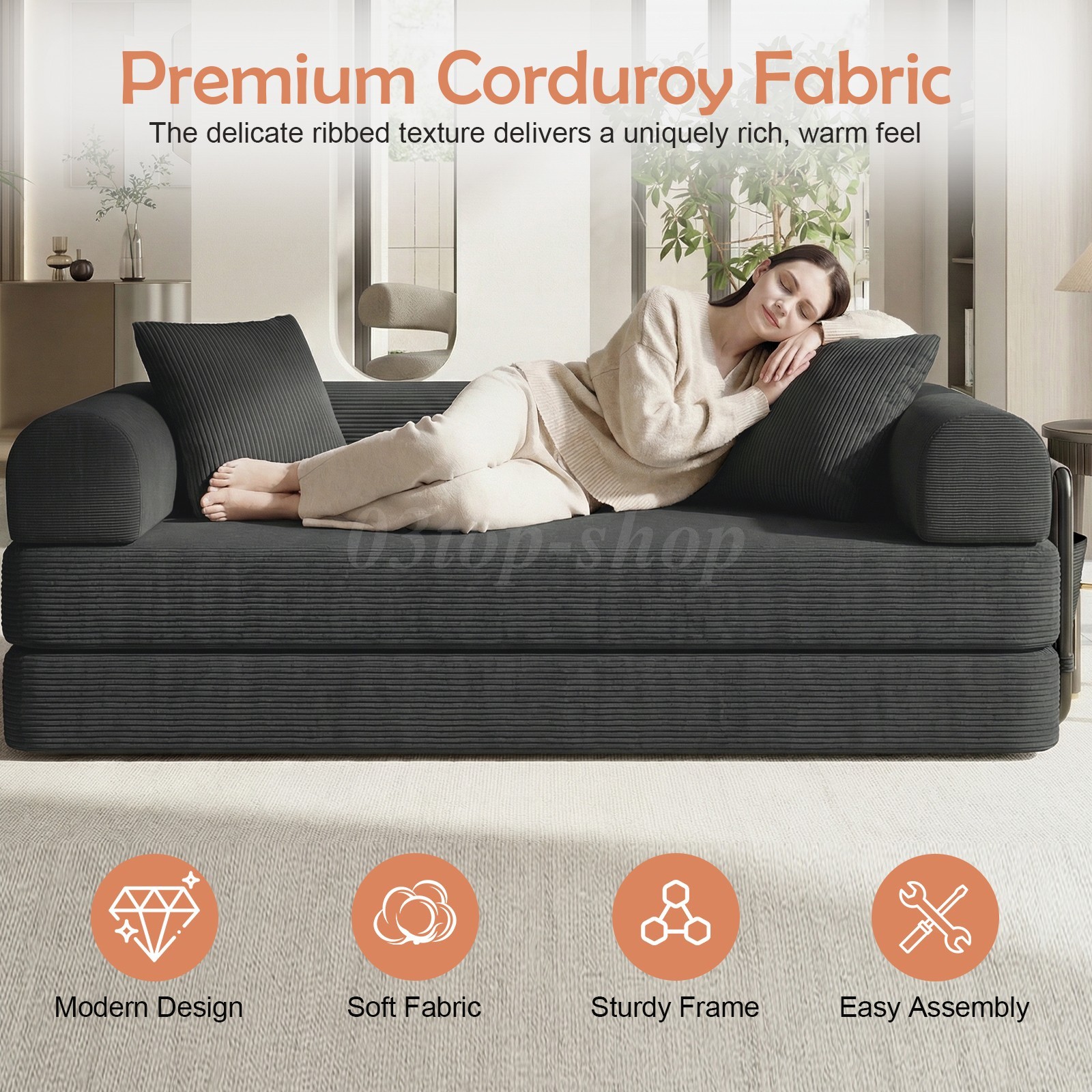 Washable Sofa Bed Couch Sleeper Convertible Pull-Out Bed Couch With Side Pockets