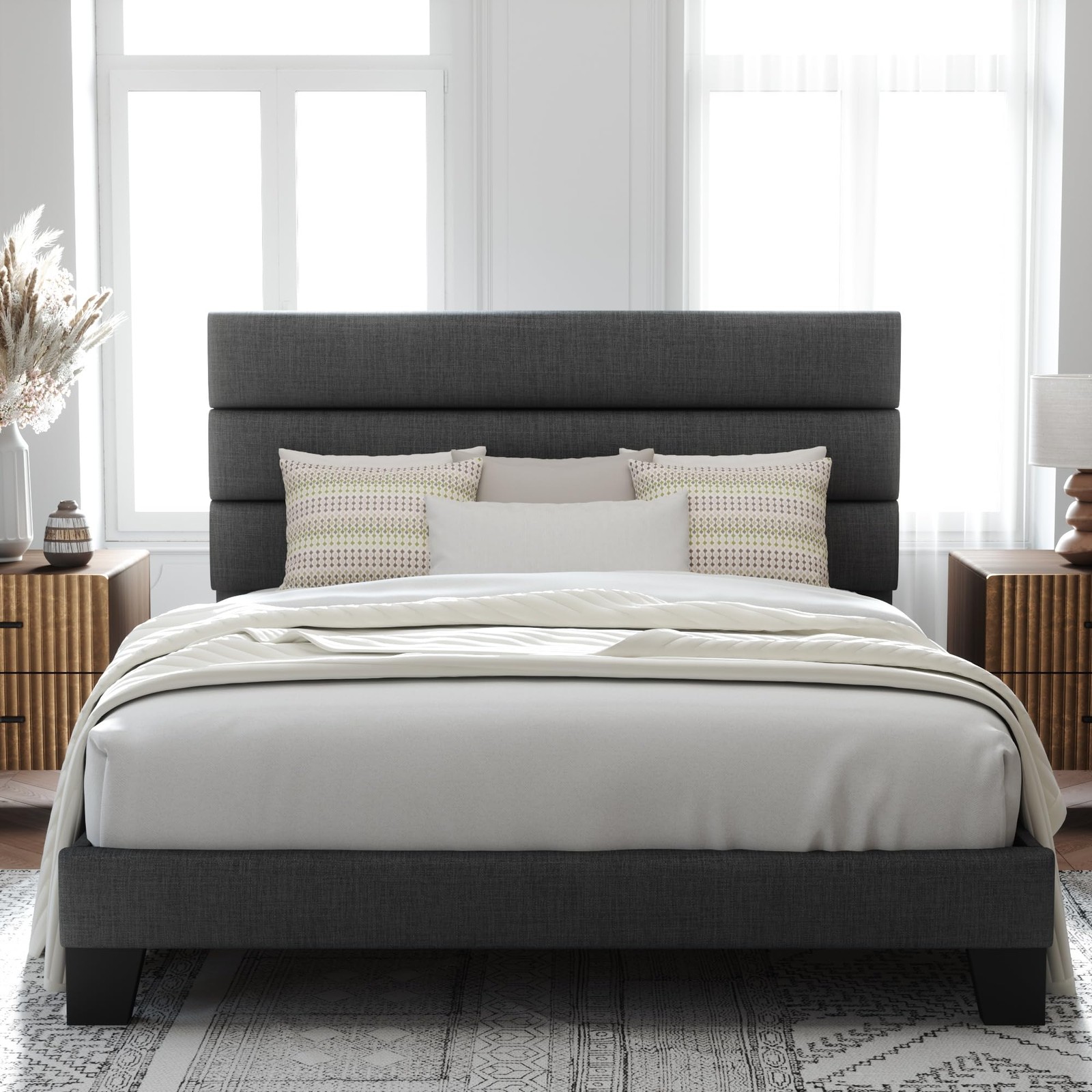 Allewie Queen Size Platform Bed Frame with Fabric Upholstered Headboard and Wood