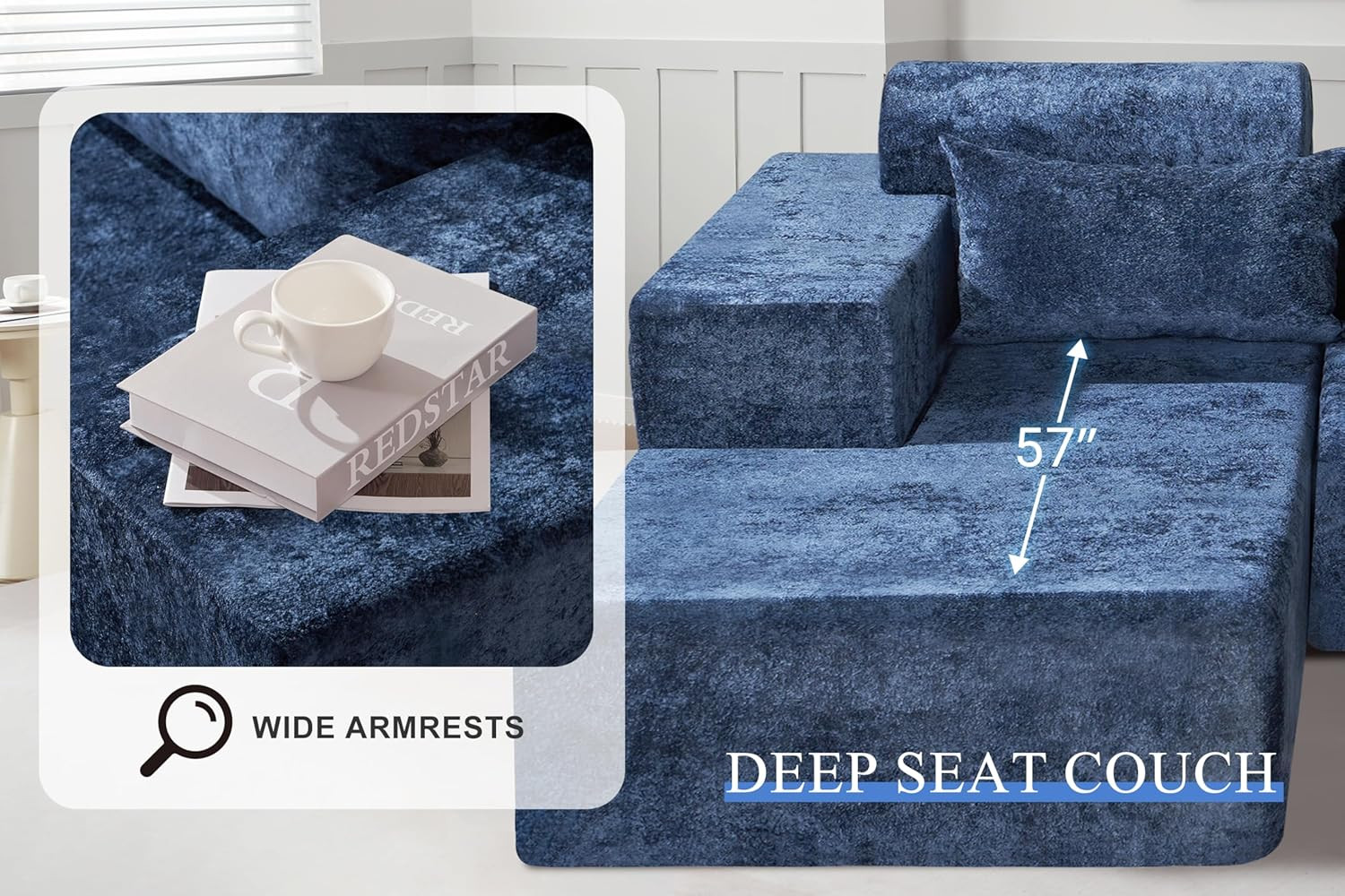 L-Shape Modular Sofa Couch, No Assembly, Deep Seat, Luxury Velvet, Blue
