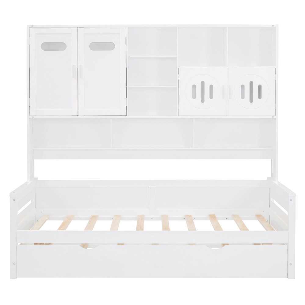 Twin Size Wooden Daybed with Twin Trundle Cabinet Shelf Storage