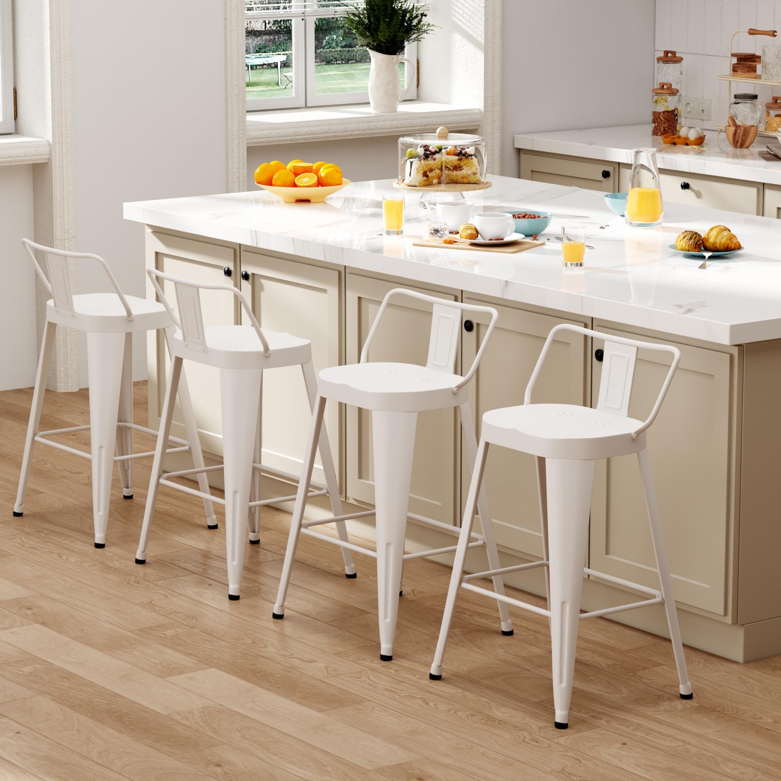 Metal Bar Stools Set of 4 26in Counter Ht Back Large Seat Farmhouse Off White