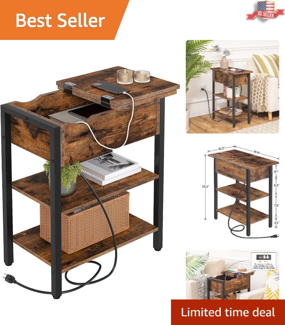 Versatile Rustic Side Table with Charging Station – USB Ports and Outlets