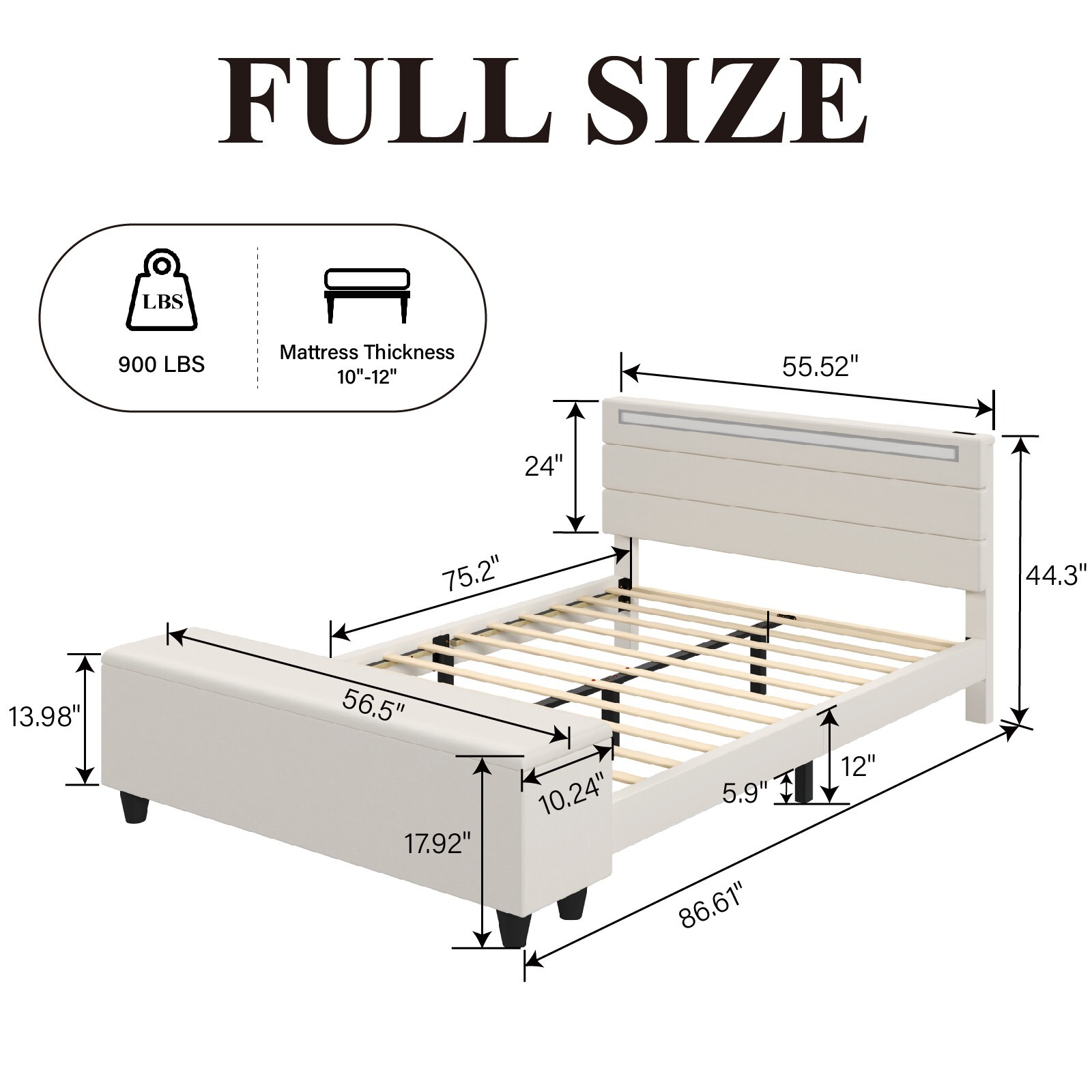 Queen/Full Bed Frame with Storage/Upholstered Headboard with Charging Station