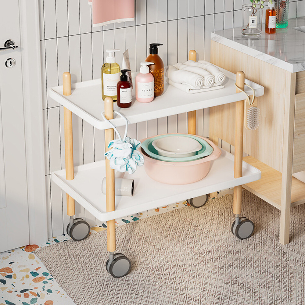 2 Layer End Table Trolley Side Table Nightstand w/4 Shelves & Wheels for Kitchen