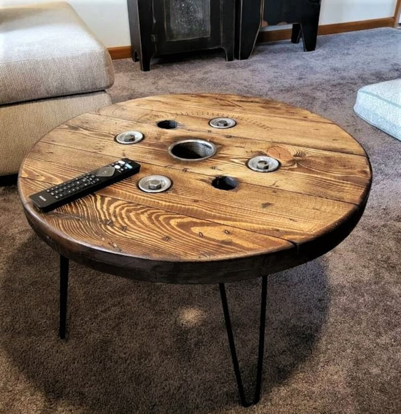 Farmhouse Wood Spool Table 36″ Inches- Hairpin & Pipe Legs – Round Coffee End