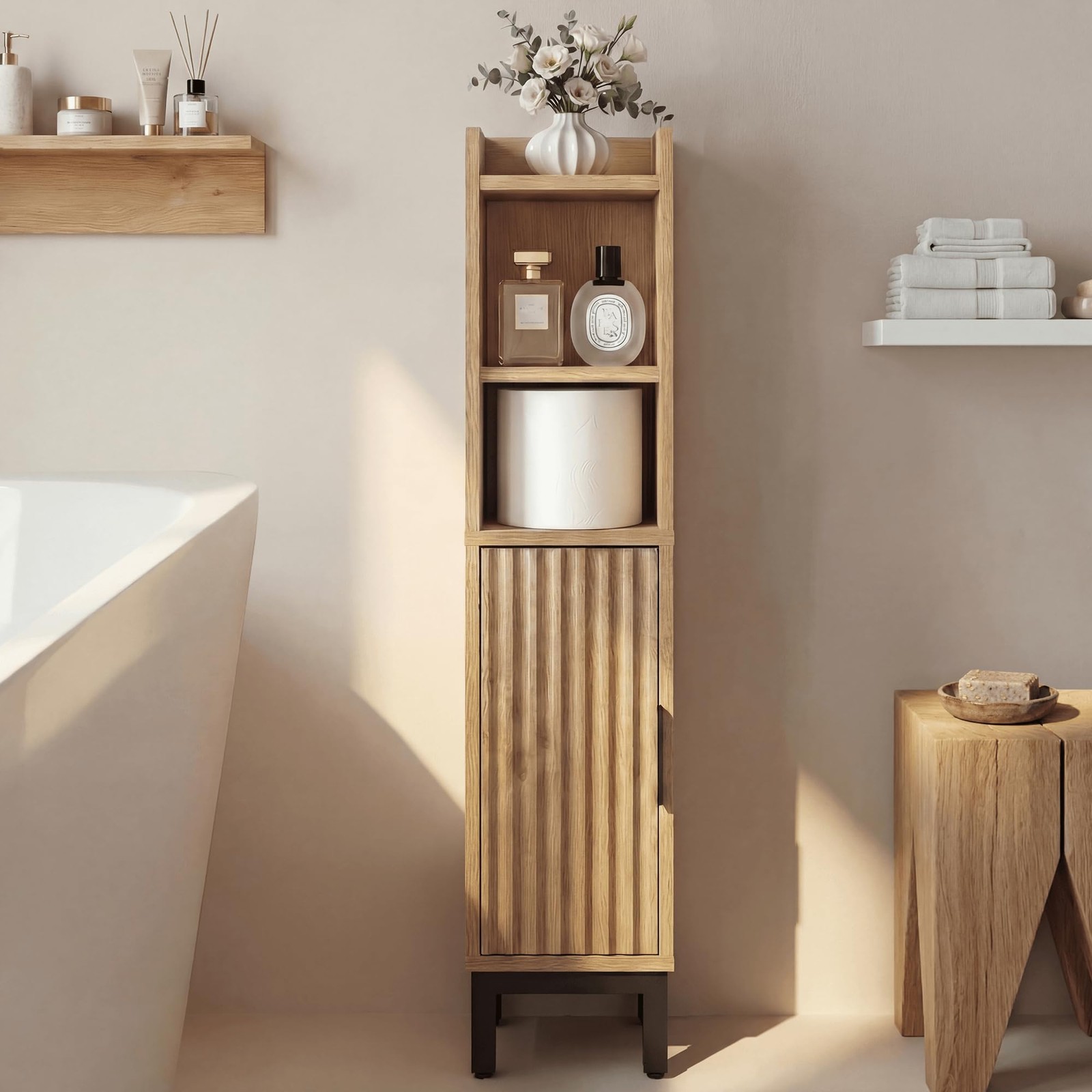 Small Bathroom Storage Cabinet, Corner Narrow Toilet Paper Floor Cabinet with…