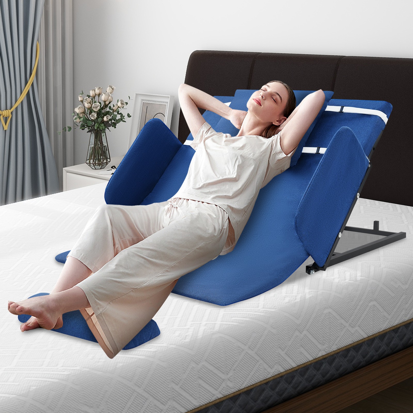 Electric Adjustable Bed Backrest Lift 80° Elderly Support w/ Handrails Blue